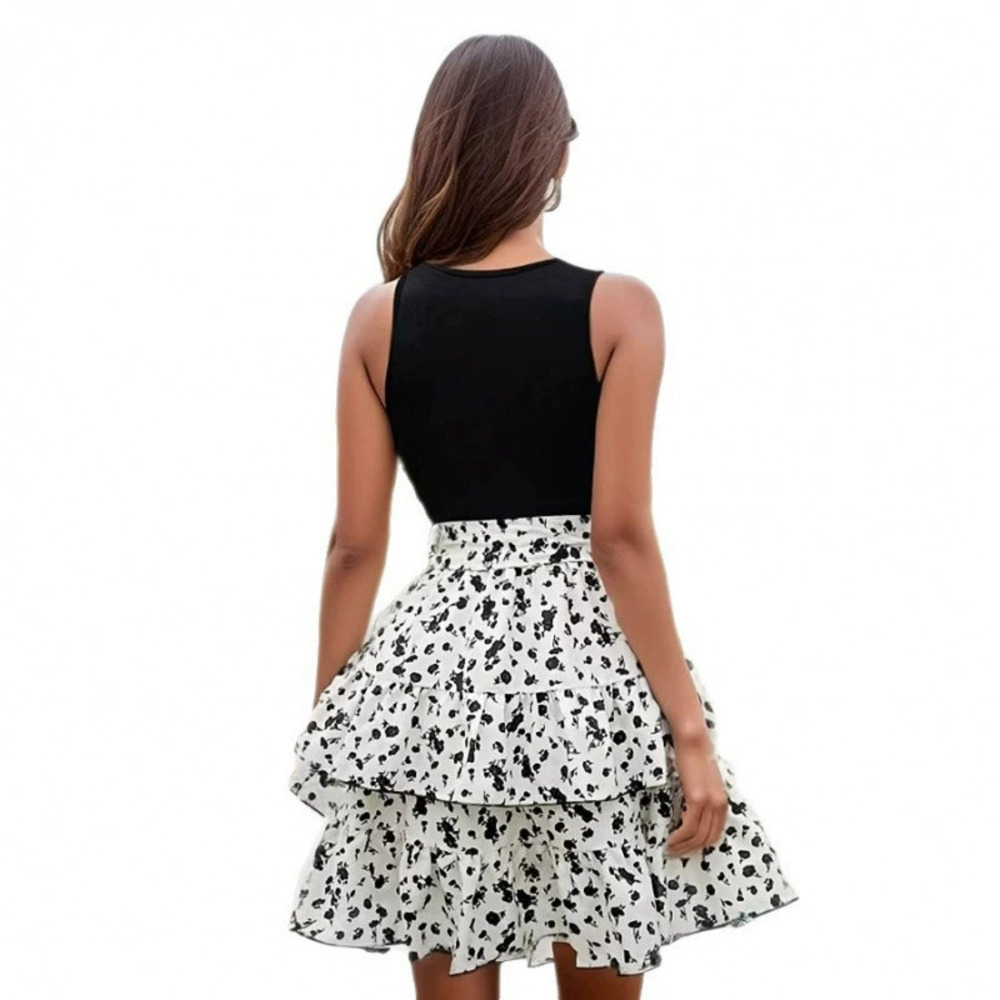 ZARA Summer Floral Tiered Skirt Set with Belted Fitted Tank Top